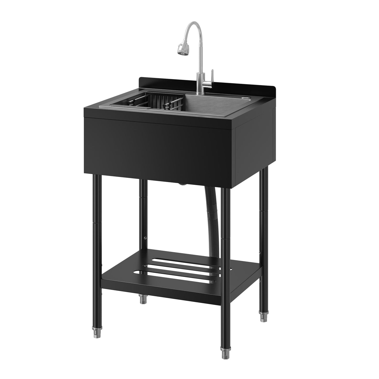 Garvee 21"D X 26"W X 40"H Commercial Stainless Steel Utility Sink With Hot & Cold Water Faucet, Drain Basket For Indoor & Outdoor Use, Black