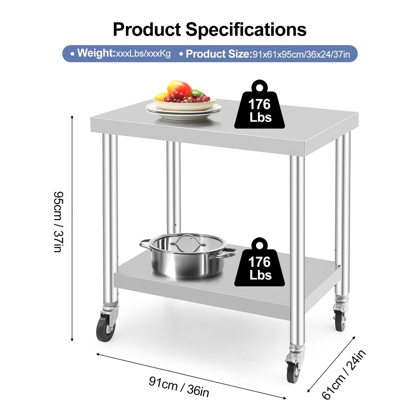 GARVEE 36"L x 24"W x 37"H Stainless Steel Work Table with Caster Wheels - Heavy-Duty Food Prep Table with Adjustable Undershelf for Kitchen, Garage, Laundry, and Hotel Use