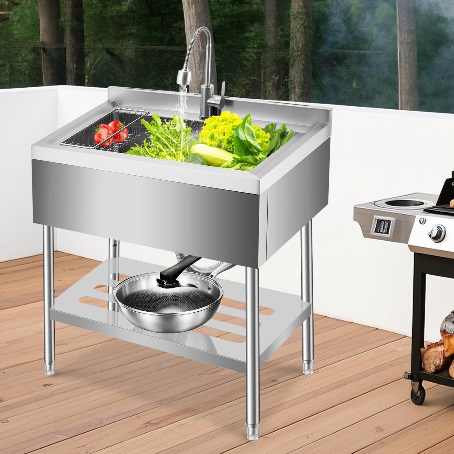 Garvee 20"D X 36"W X 35.5"H Stainless Steel Utility Sink Freestanding Commercial Sink Adjustable Leg Hot and Cold Faucet Large Laundry Tub Kitchen Garage Bathroom Outdoor