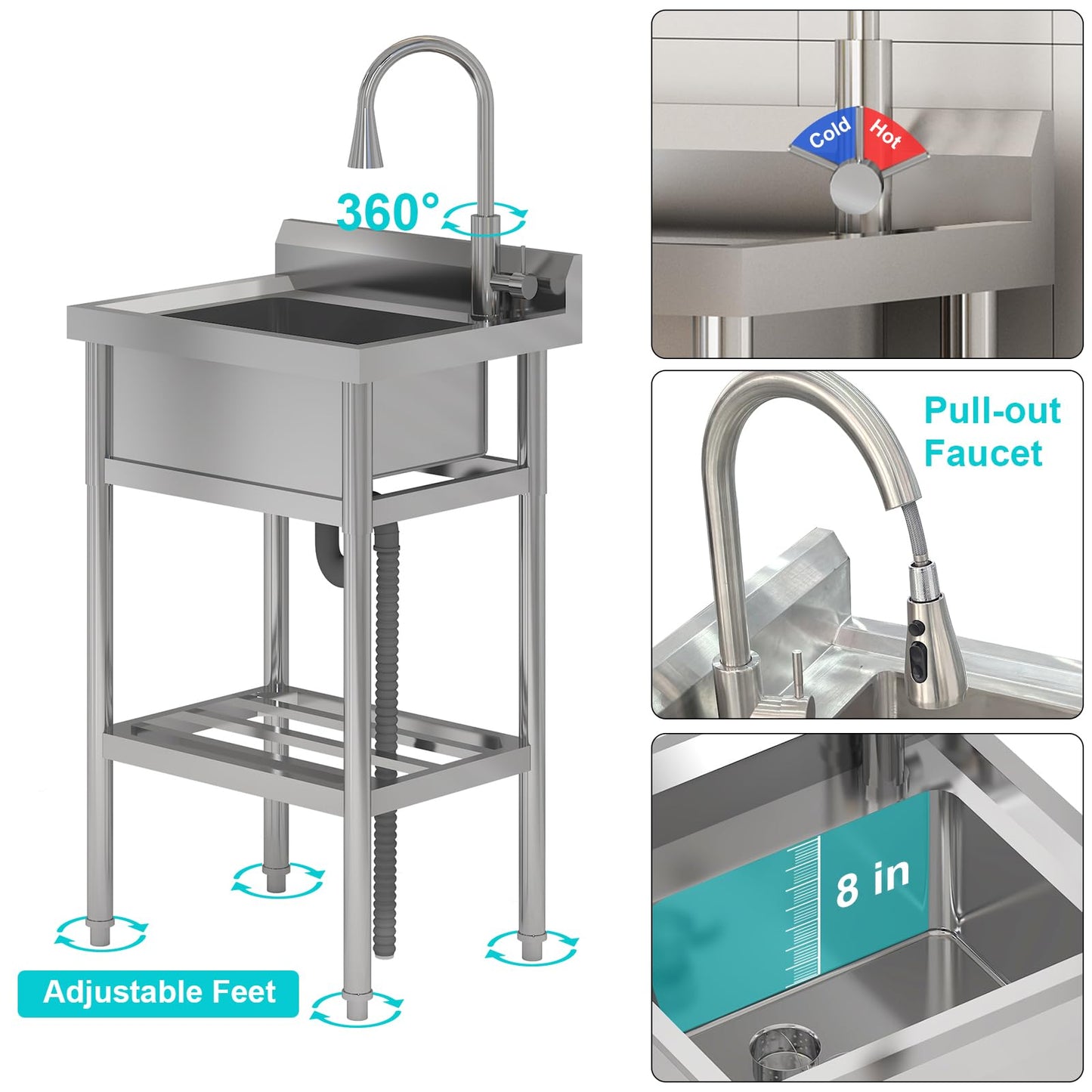 Garvee 24"W x 20"D x 42"H Stainless Steel Utility Sink - Free Standing Single Bowl with Hot & Cold Faucet for Kitchen, Laundry, Restaurant, Garage, Garden