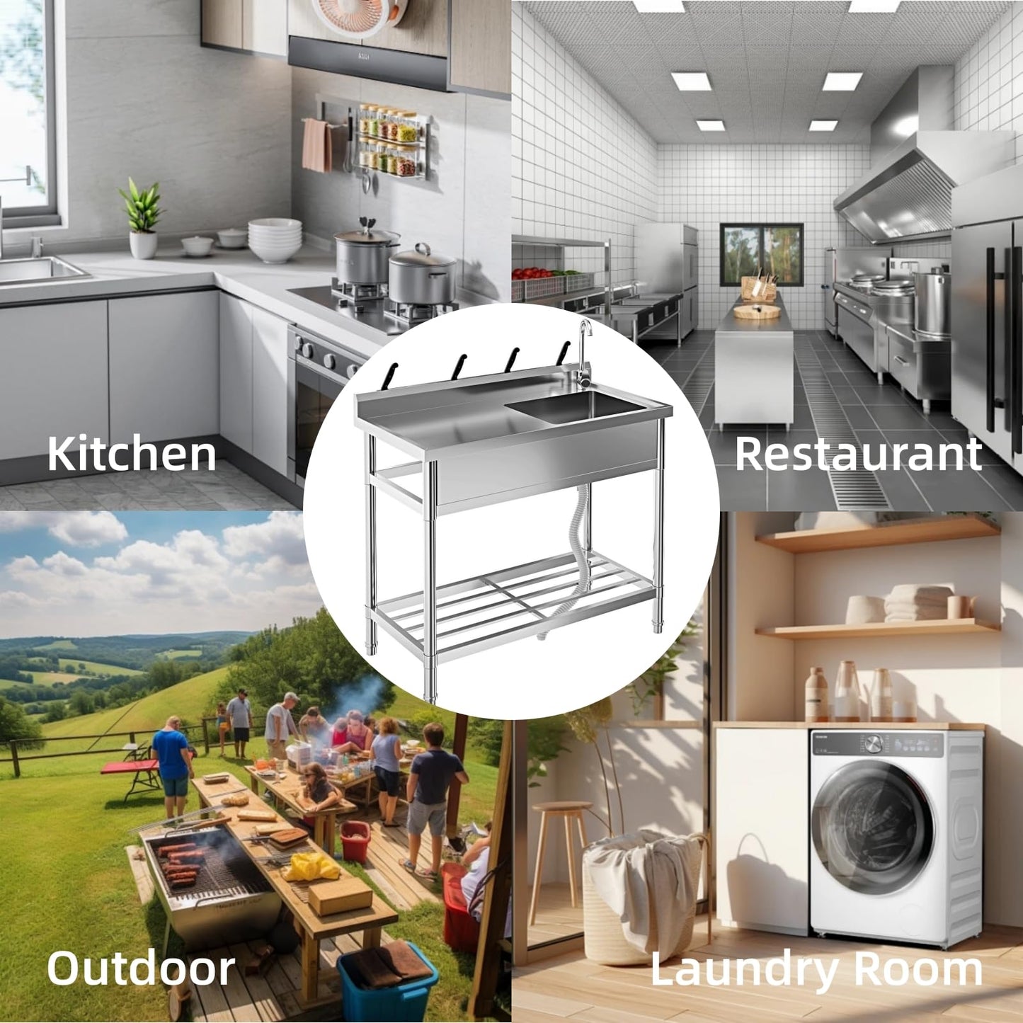 Garvee 20"D x 39"W x 37"H Free Standing Utility Sink Single Bowl Stainless Steel Commercial Kitchen Sink With Hot And Cold Water Pipe Indoor Outdoor Silver