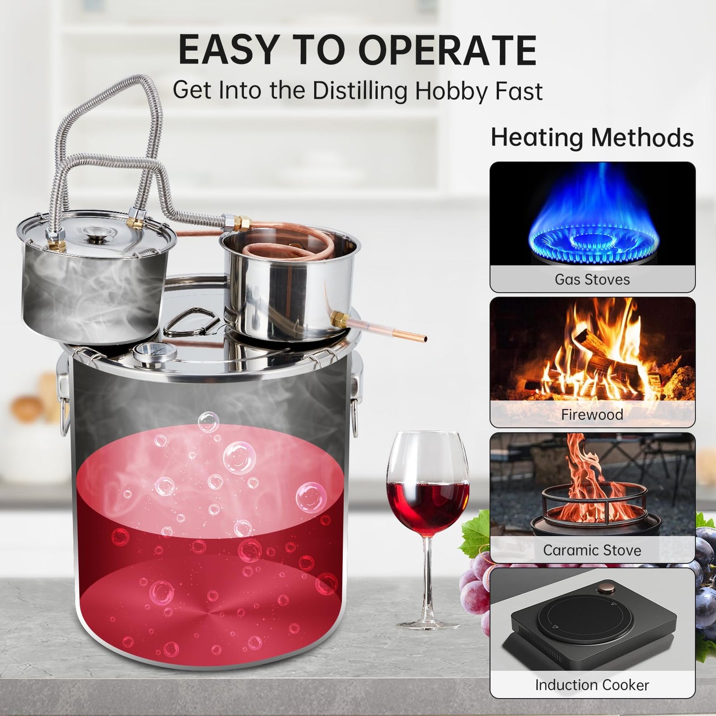 Garvee 13.2Gal(3 Pots) Alcohol Distiller, Stainless Steel Kit with Copper Tube/Circulating Pump for Home Brewing Whisky, Wine, Brandy