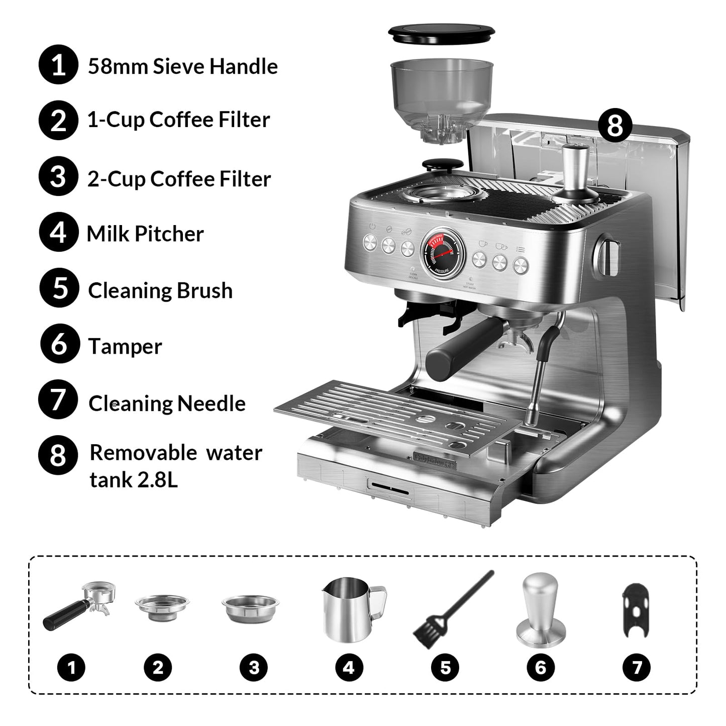 Garvee 20 Bar Espresso Machine - 1500W Motor, Built - In 30 - Setting Grinder, Milk Frothing, PID, 2.8L Tank