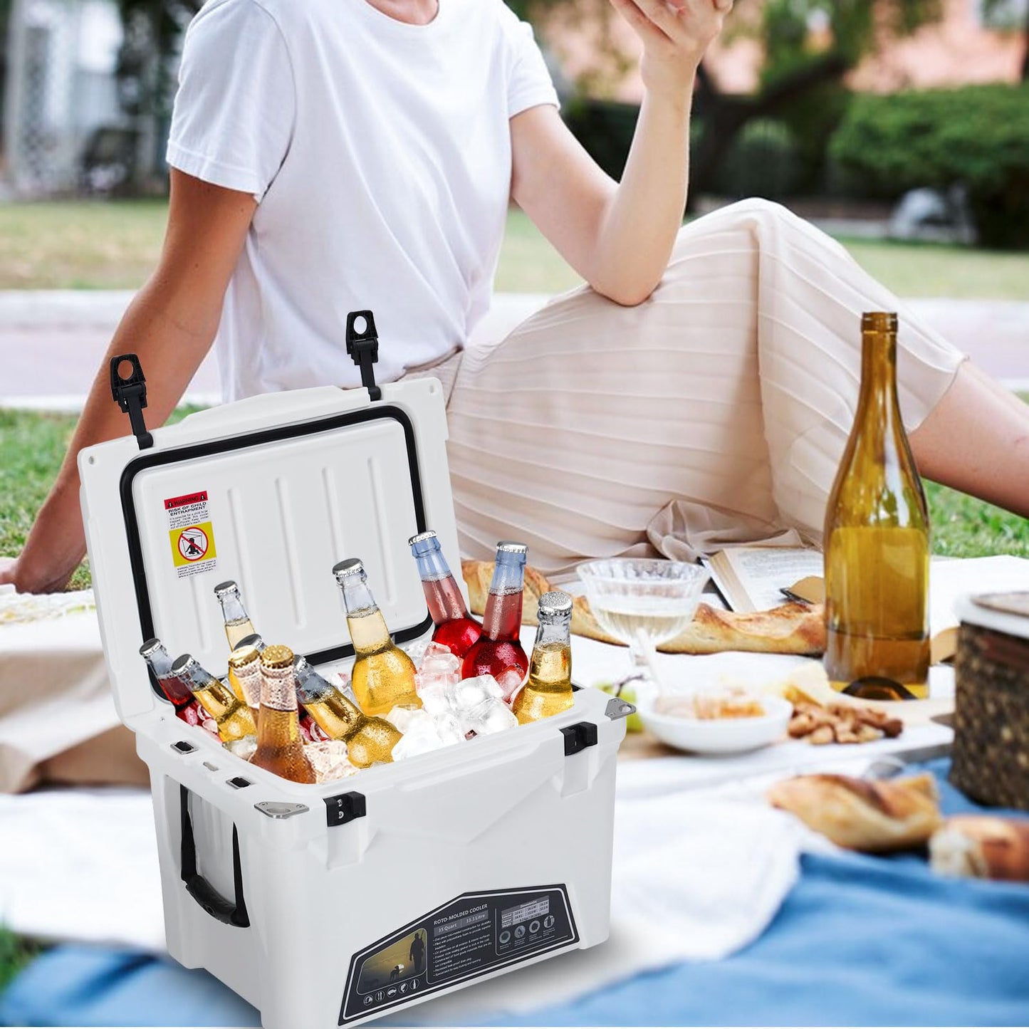 Garvee 35 Qt Portable Ice Cooler – Heavy Duty Ice Chest with Cup Holder, Fish Ruler, Bottle Opener, Easy Drainage, Durable LLPDE & PU, Leak-Proof Design for Camping, Beach, Boat, Fishing, Picnic, Travel