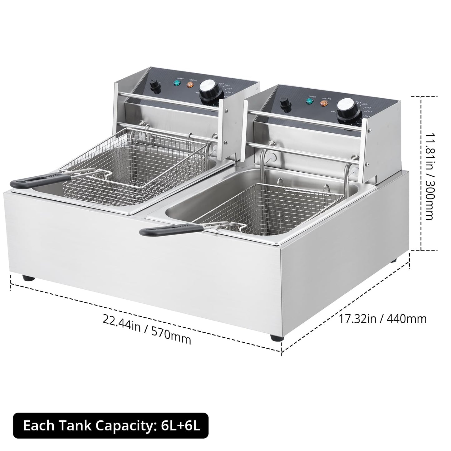 Garvee 3600 Watts 6L+6L Electric Deep Fryer with Basket - Stainless Steel Temperature Control Countertop Fryer for Home/Restaurant (110V)