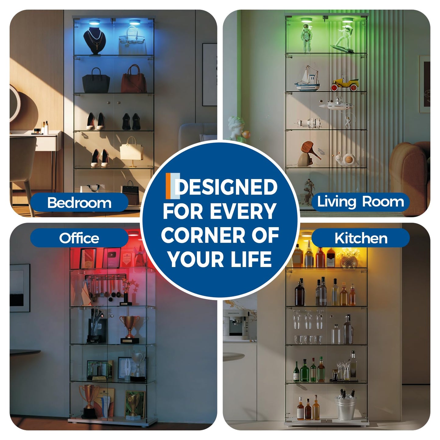 GARVEE Glass Display Case with LED Lights 32"L x 14"W x 74"H Tempered Glass Display Case, 5 Adjustable Lighted Bar Shelves with Lock, Slim Depth for Bar Bottle Storage, Living Room, Bedroom, or Office (White)