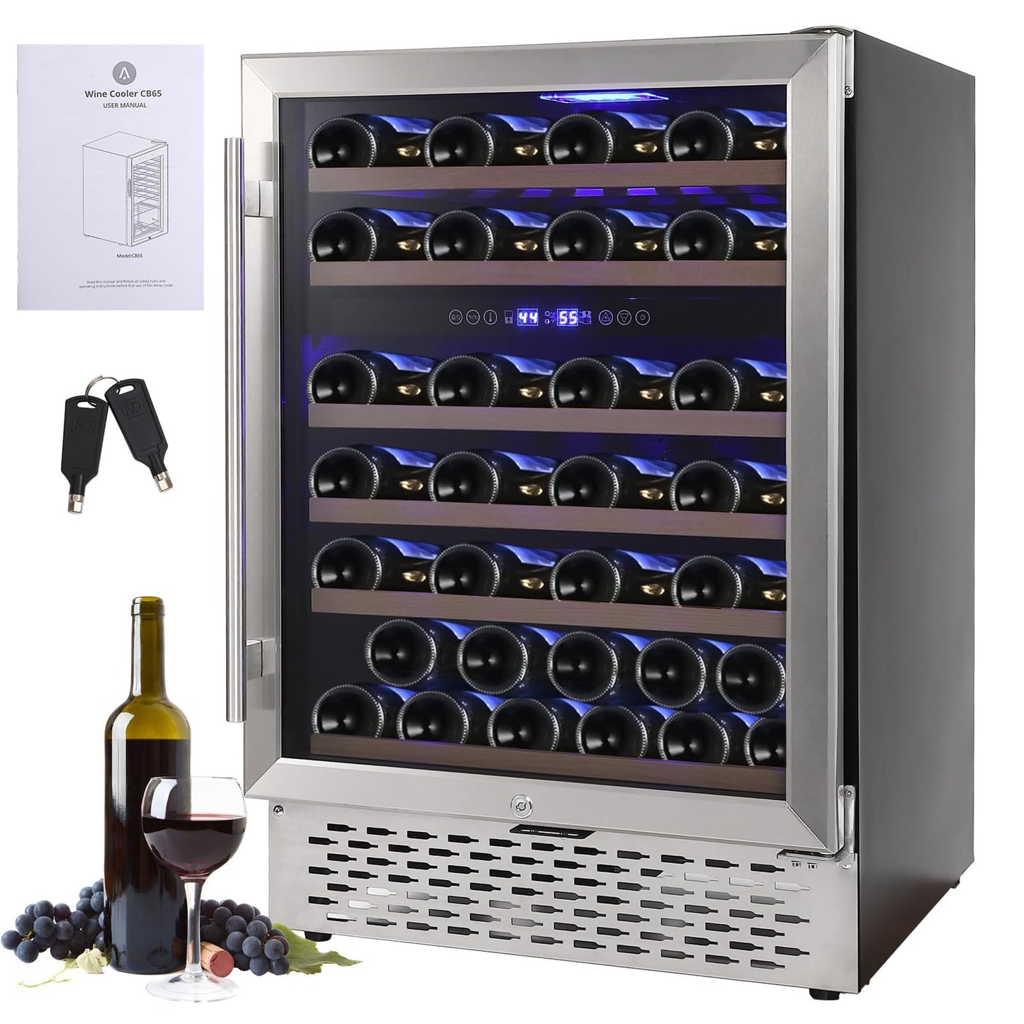 Garvee Wine Cooler Refrigerator 51 Bottles Compressor Dual Zone Built-in or Freestanding Fridge with Seamless Stainless Steel & Triple-Layer Tempered Reversible Glass Door and Temperature Memory Function