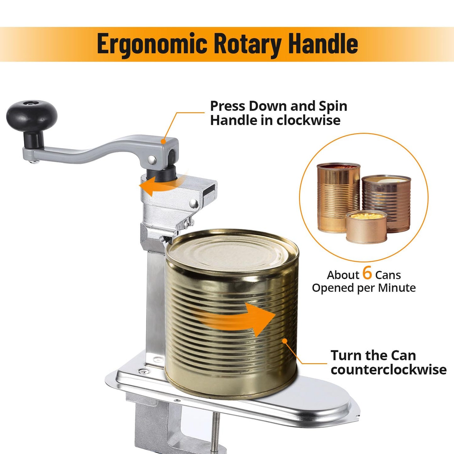 Garvee Manual Table Can Opener, Heavy-Duty Commercial Countertop, Stainless Steel Blade, Plated Steel Base, Opens Cans Up to 12 Inches, Suitable for Home and Commercial Kitchens