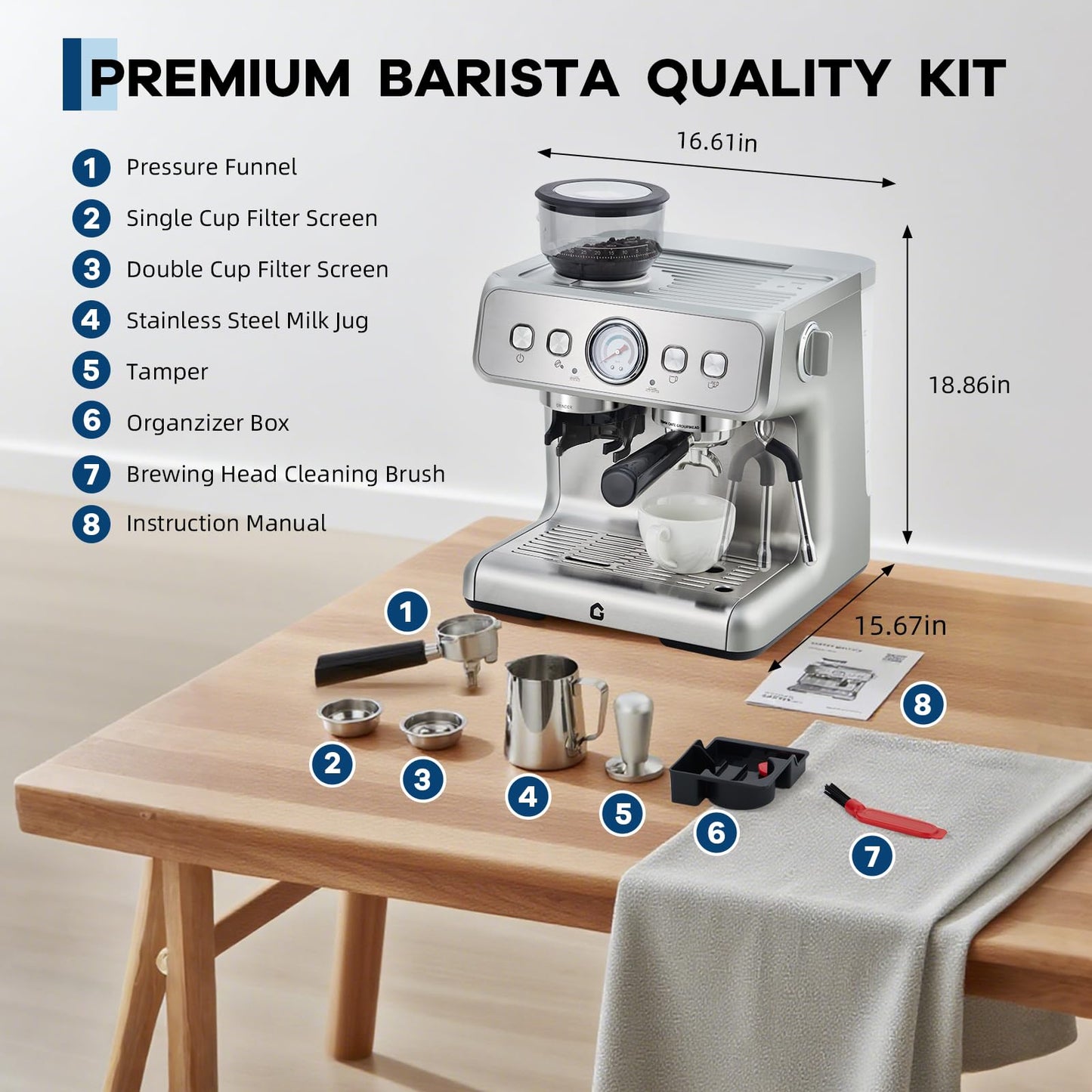 Garvee All-in-One Espresso 20-Bar Stainless Steel Espresso Machine with Grinder - Milk Frother, 2.8L Removable Water Tank, Perfect for Home and Office, Silver