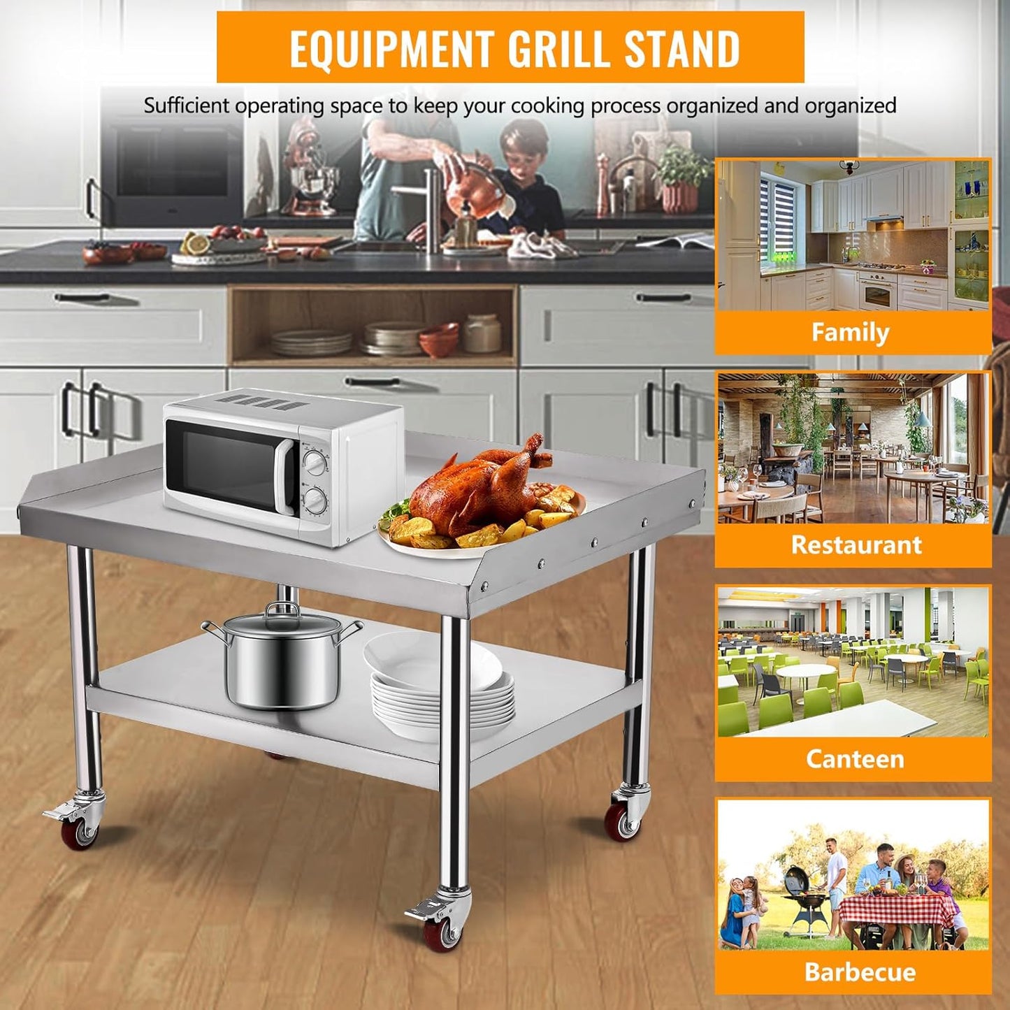 GARVEE 24"L x 24"W x 29"H Stainless Steel Equipment Grill Stand Table - 1000 lbs Top Shelf, 220 lbs Bottom Shelf, 2" Edge Baffle, with Wheels for Home, Hotel, and Commercial Kitchens