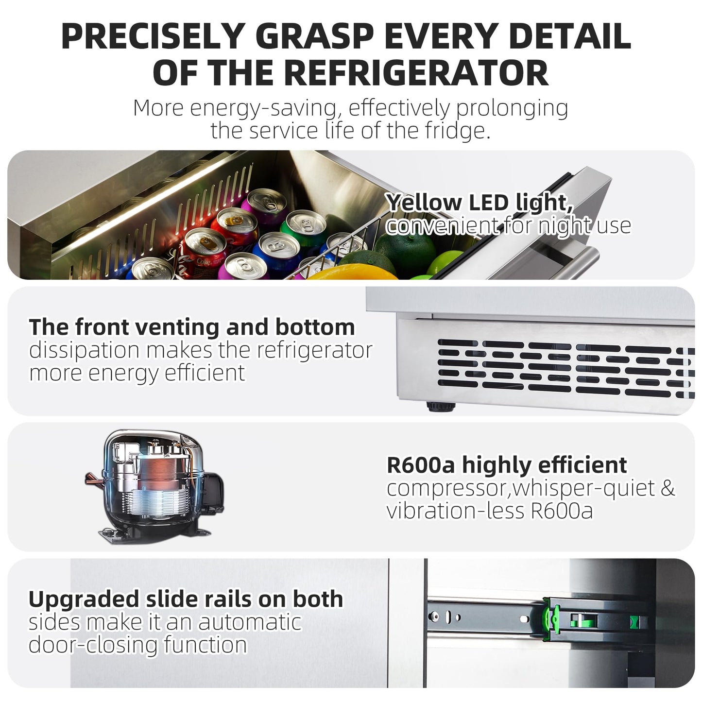 Garvee 24 Inch Undercounter Refrigerators with Weatherproof Full Stainless Steel Body Built-in Beverage Refrigerator for Home and Commercial Use