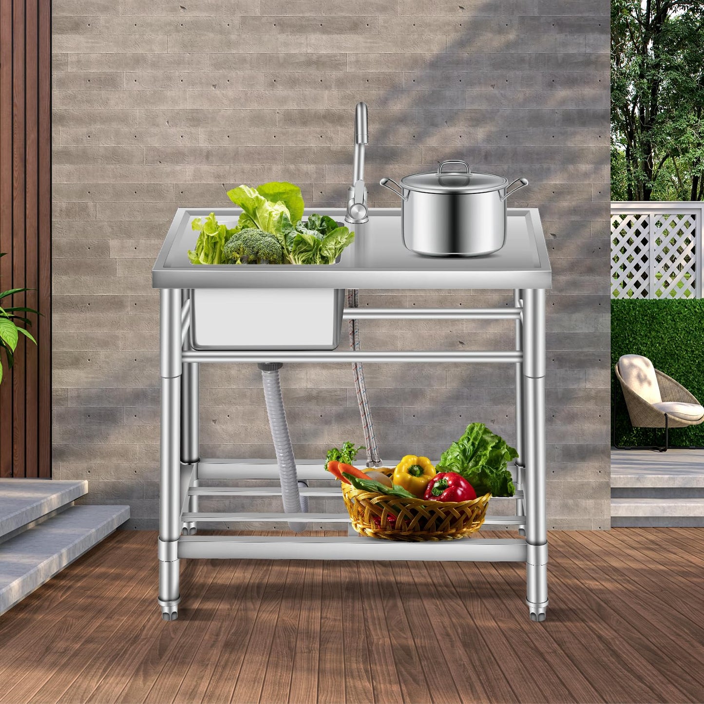 Garvee 16"D x 30"W x 30"H Stainless Steel Utility Sink Free Standing Single Bowl Commercial Kitchen Faucet Indoor Outdoor