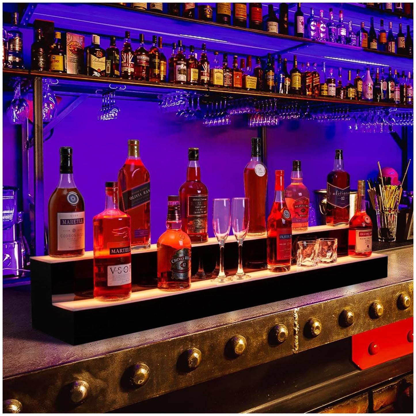 Garvee LED Lighted Liquor Bottle Display Shelf 48 Inch 2-Tier Acrylic Remote App Control 16 Colors 4 Modes for Bars Restaurants