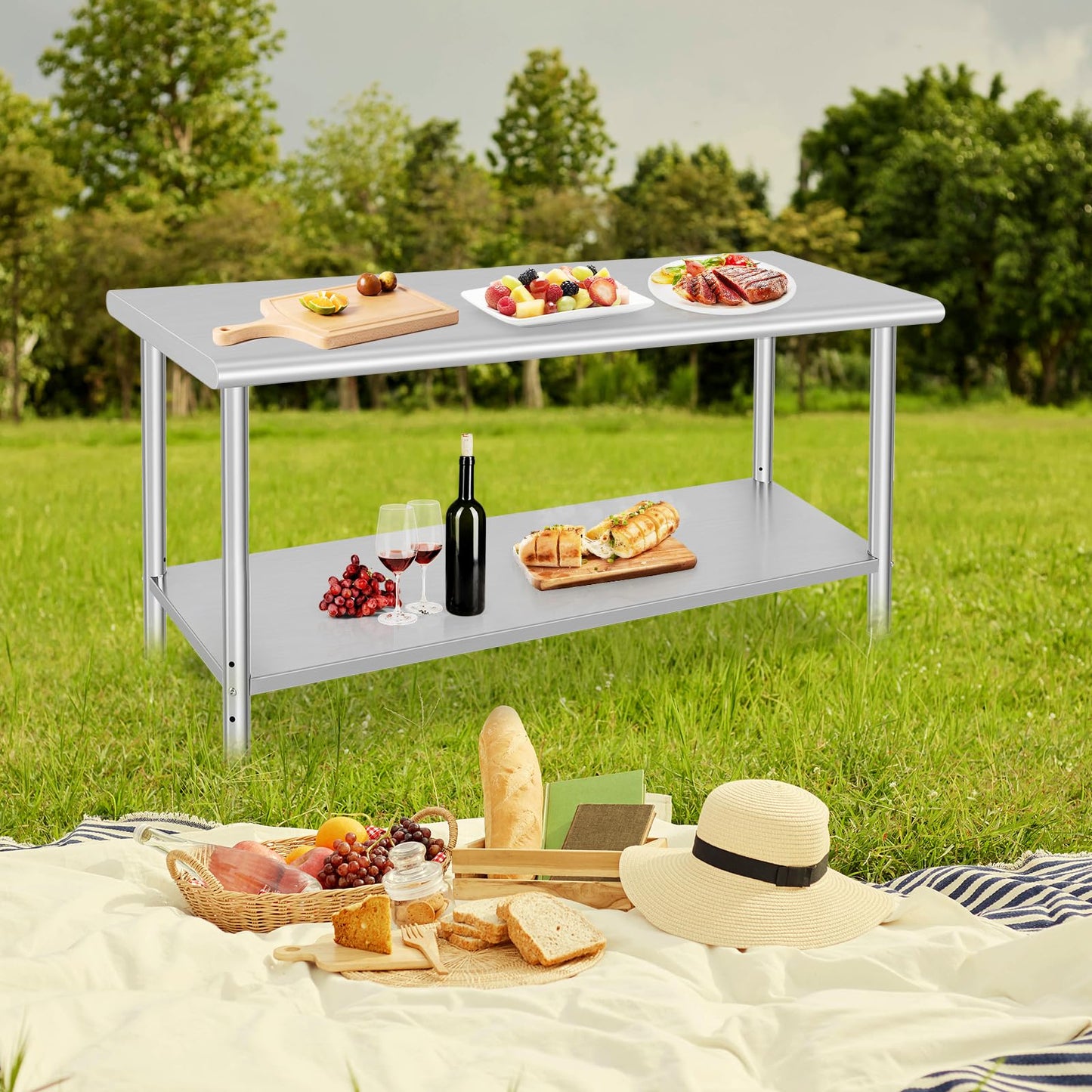 GARVEE 60"L x 24"W x 35"H Stainless Steel Prep Table - NSF Certified Heavy-Duty Commercial Table with Undershelf for Kitchen, Outdoor Cooking, Dining Room, Garage, and Laundry Room