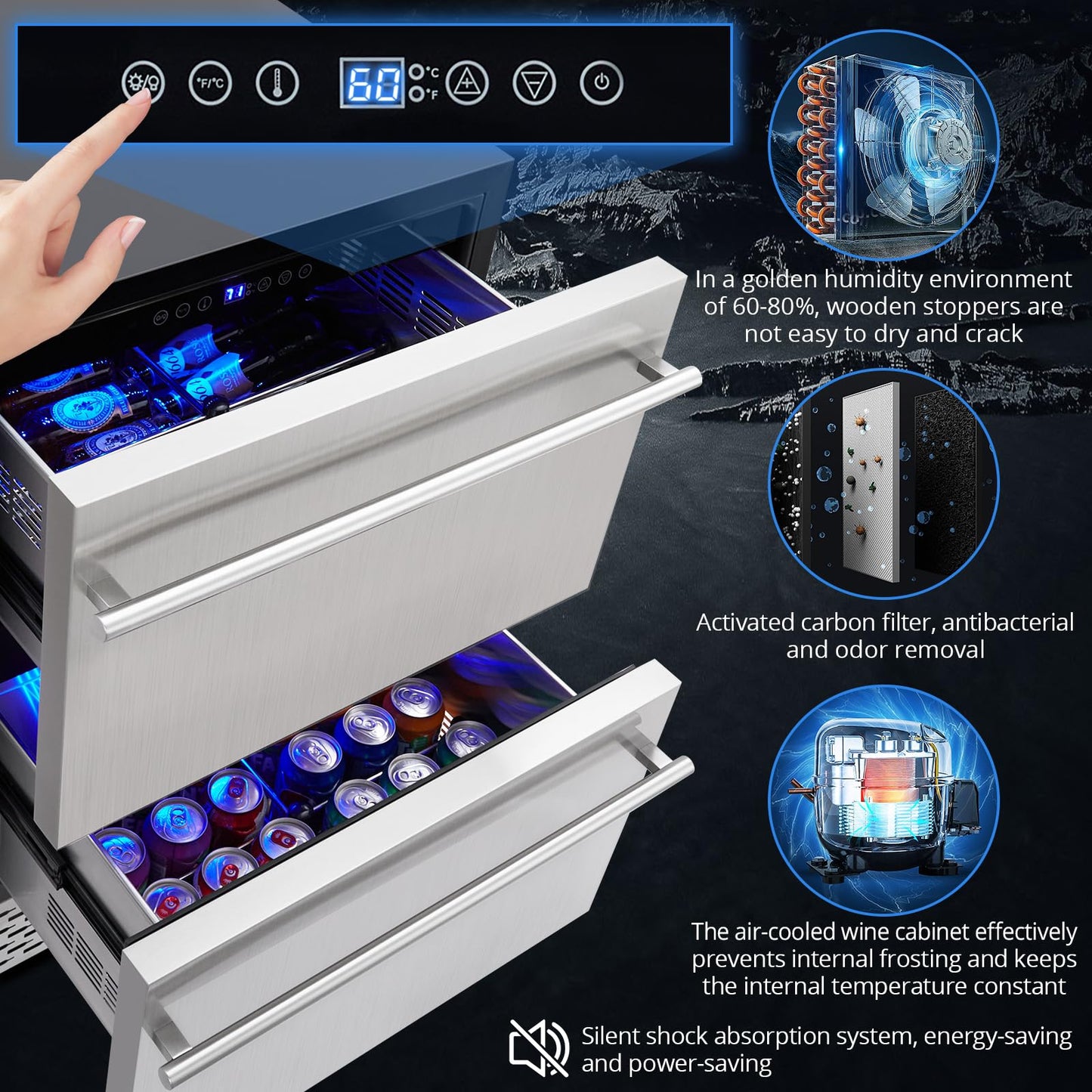 Garvee Under Counter Double Drawer Fridge - Dual Drawer Indoor/Outdoor Beverage Refrigerator, Stainless Steel, Weather-Proof Design, Freestanding or Built-In, Insulation for Home & Commercial Use.