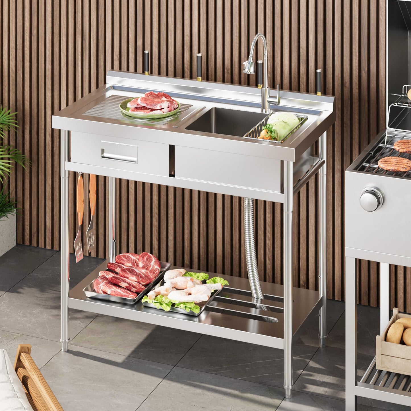 Garvee 20"D X 40"W X 39"H Stainless Steel Laundry Utility Sink, Freestanding Single Bowl Kitchen Sink with Hot & Cold Water Faucet, Built-In Wash Board, Drawer, Drain Basket, Dish Rack for Laundry Room, Garage, Durable Rust-Resistant