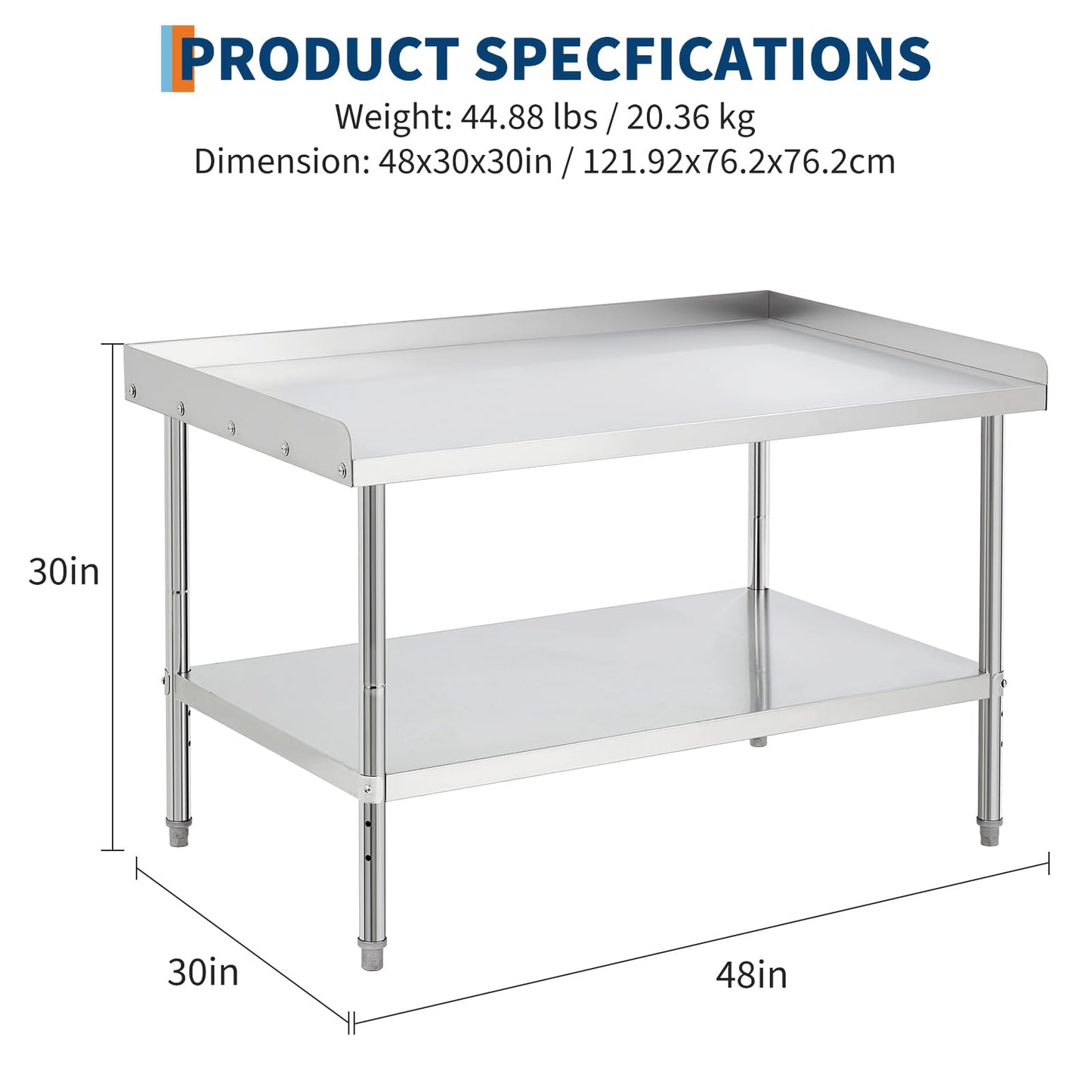 Garvee 48"L x 30"W x 30"H Stainless Steel Grill Stand Table NSF Certified, 400 lbs Capacity, Adjustable Legs, Removable Safety Baffle, Waterproof Tape, Commercial & Home Use