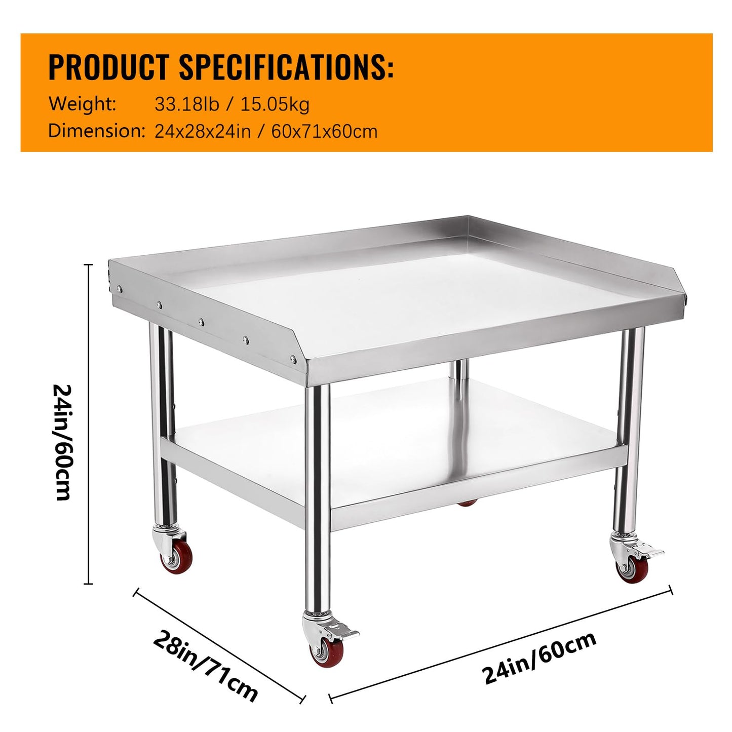 Garvee 24"L x 28"W x 24"H Stainless Steel Grill Stand Table with 1000 lbs Top Shelf, Adjustable Legs, 2" Edge Baffle for Hotels & Homes