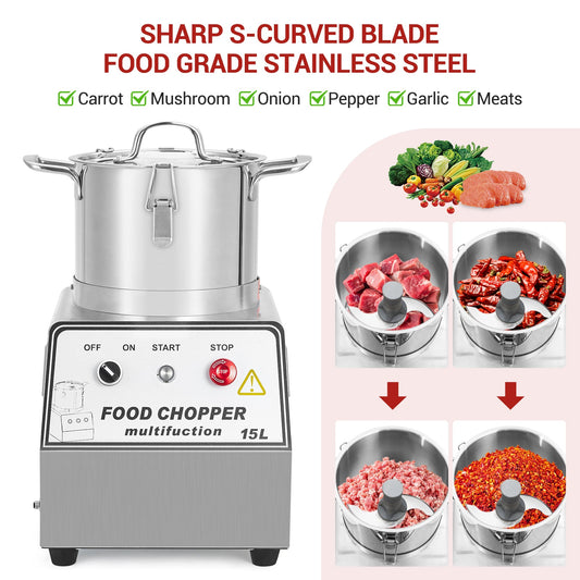 Garvee 1400W Commercial Food Processor, 63 Cup Electric Vegetable Chopper Meat Grinder, Multi-Functional Food Processor with Stainless Steel Body & Blades, Gloves, Brush, 110V