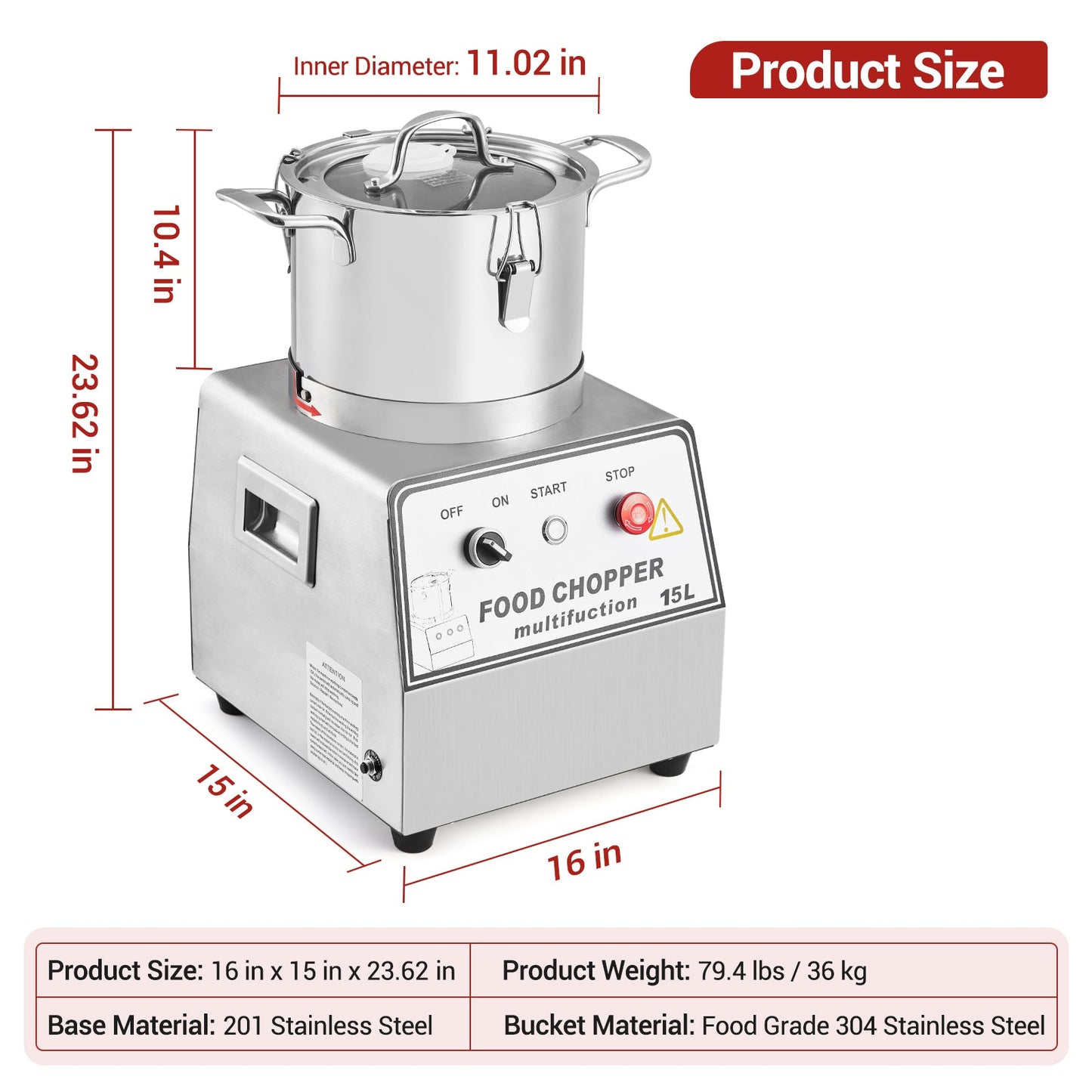 Garvee 1400W Commercial Food Processor, 63 Cup Electric Vegetable Chopper Meat Grinder, Multi-Functional Food Processor with Stainless Steel Body & Blades, Gloves, Brush, 110V
