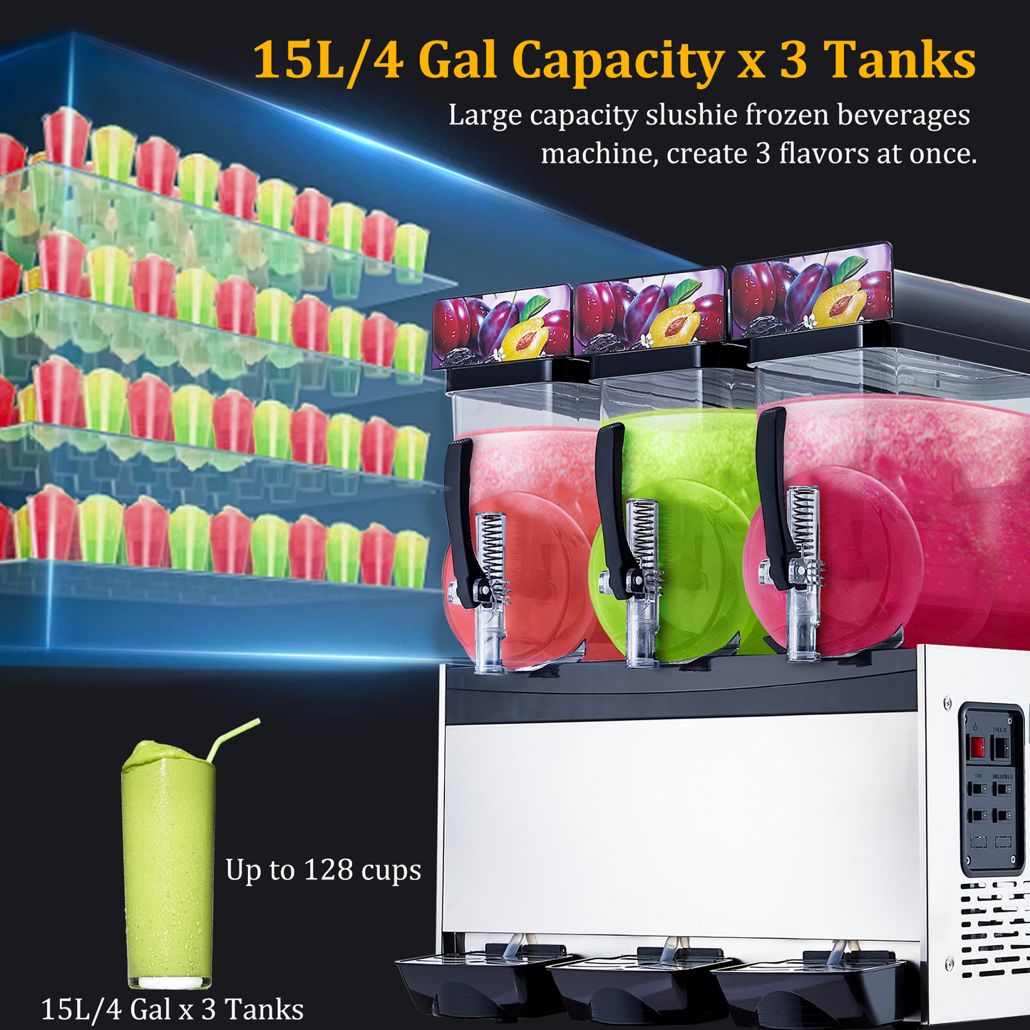 Garvee Commercial Slushy Machine 45L (15L x3) Stainless Steel – 3-Tank Frozen Margarita & Smoothie Maker for Restaurants, Bars, 110V