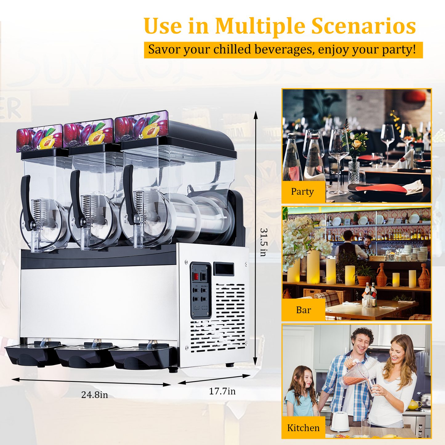 Garvee Commercial Slushy Machine 45L (15L x3) Stainless Steel – 3-Tank Frozen Margarita & Smoothie Maker for Restaurants, Bars, 110V