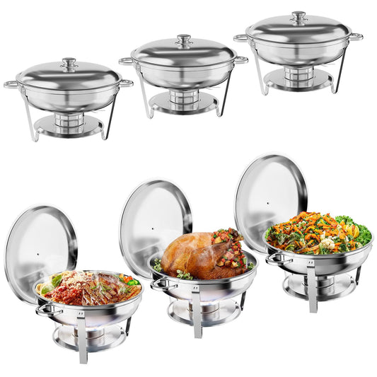Garvee 5QT Chafing Dish Buffet Set of 6 Pack, Round Stainless Steel Food Warmers Buffet Servers Sets, Chafer with Food & Water Pan, Lid, Frame, Fuel Holder for Catering and Parties