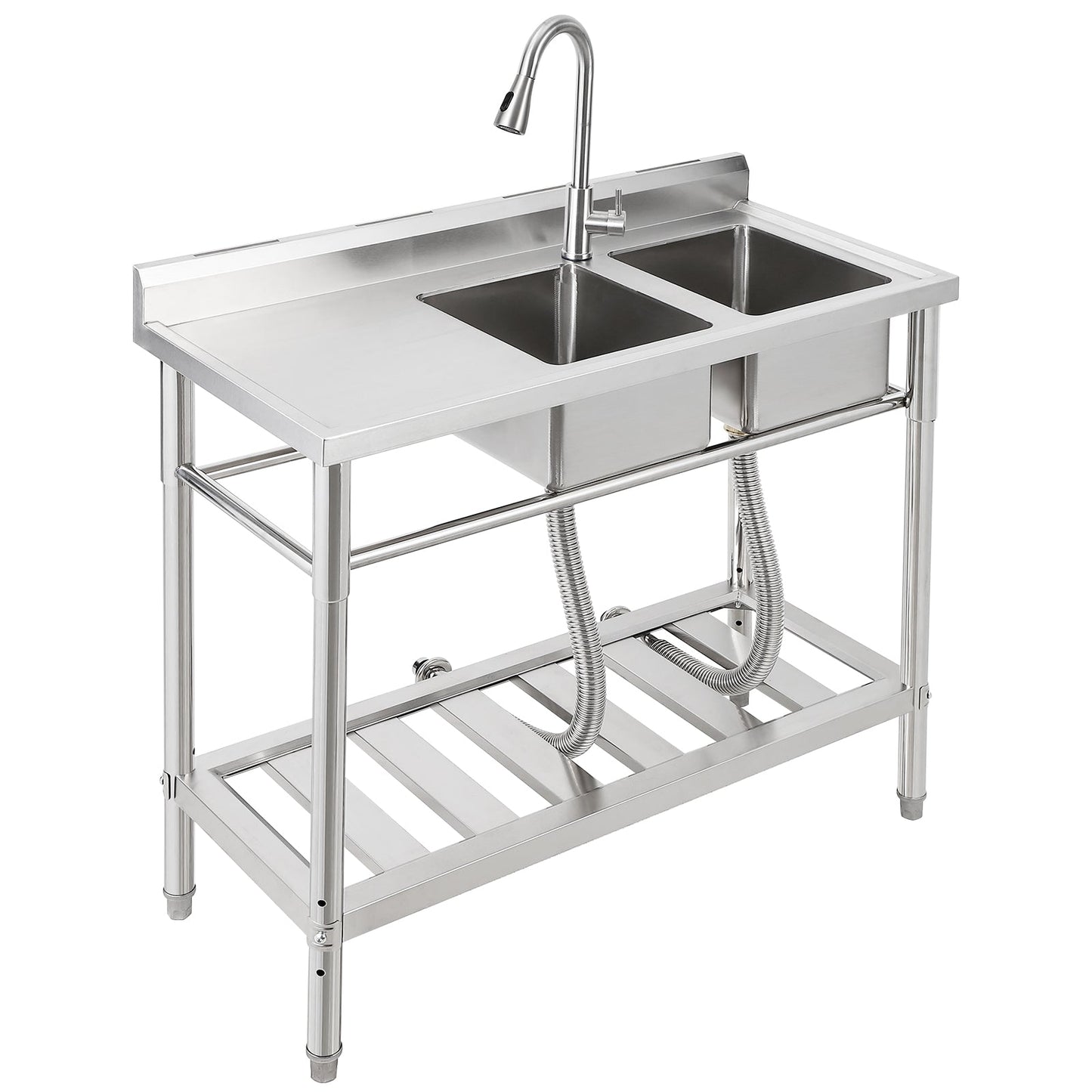 Garvee 39"W x 18"D x 40"H Freestanding 2-Bowl Sink - Stainless Steel Utility Kitchen Sink with Faucet, Drainboard, Workbench, and Storage Shelves for Restaurant, Cafe, Bar, Hotel, Garage, Laundry Room