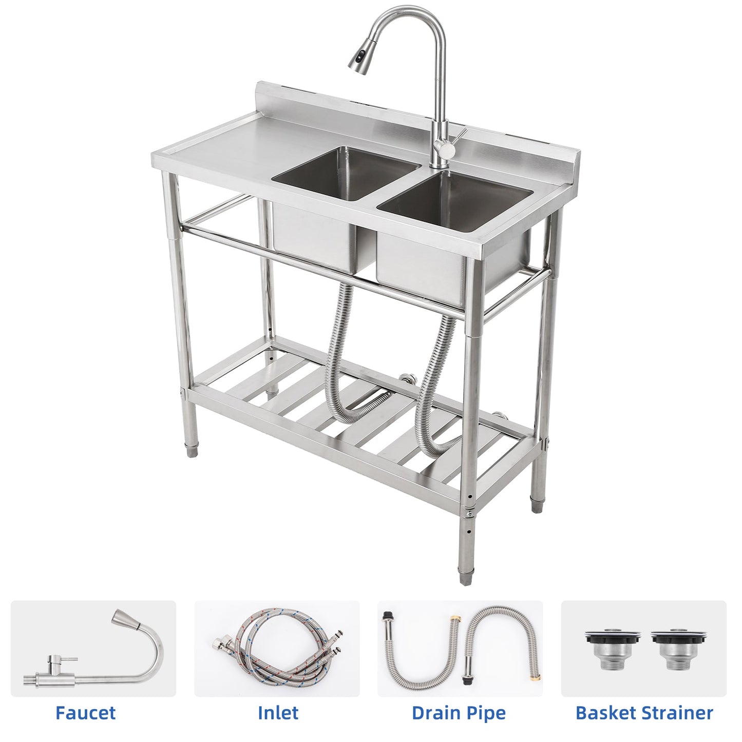 Garvee 39"W x 18"D x 40"H Freestanding 2-Bowl Sink - Stainless Steel Utility Kitchen Sink with Faucet, Drainboard, Workbench, and Storage Shelves for Restaurant, Cafe, Bar, Hotel, Garage, Laundry Room