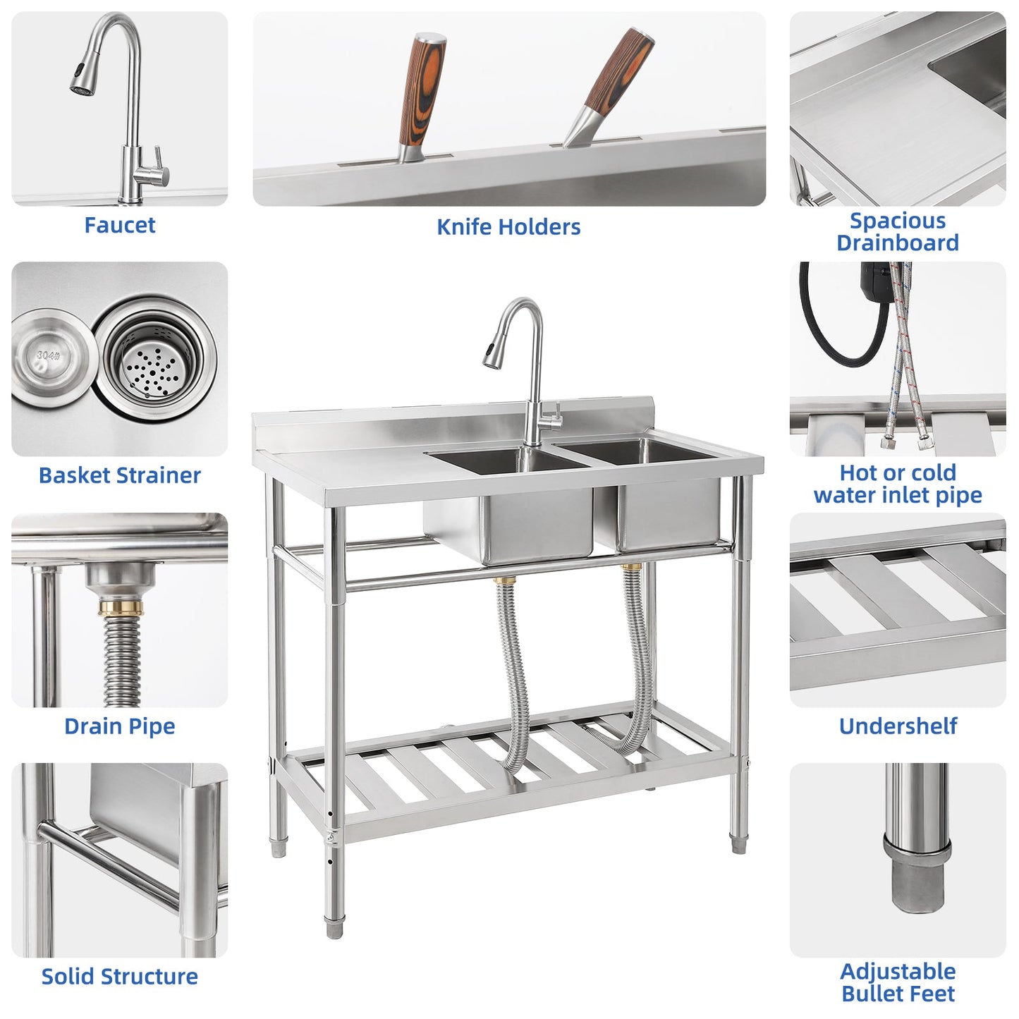Garvee 39"W x 18"D x 40"H Freestanding 2-Bowl Sink - Stainless Steel Utility Kitchen Sink with Faucet, Drainboard, Workbench, and Storage Shelves for Restaurant, Cafe, Bar, Hotel, Garage, Laundry Room