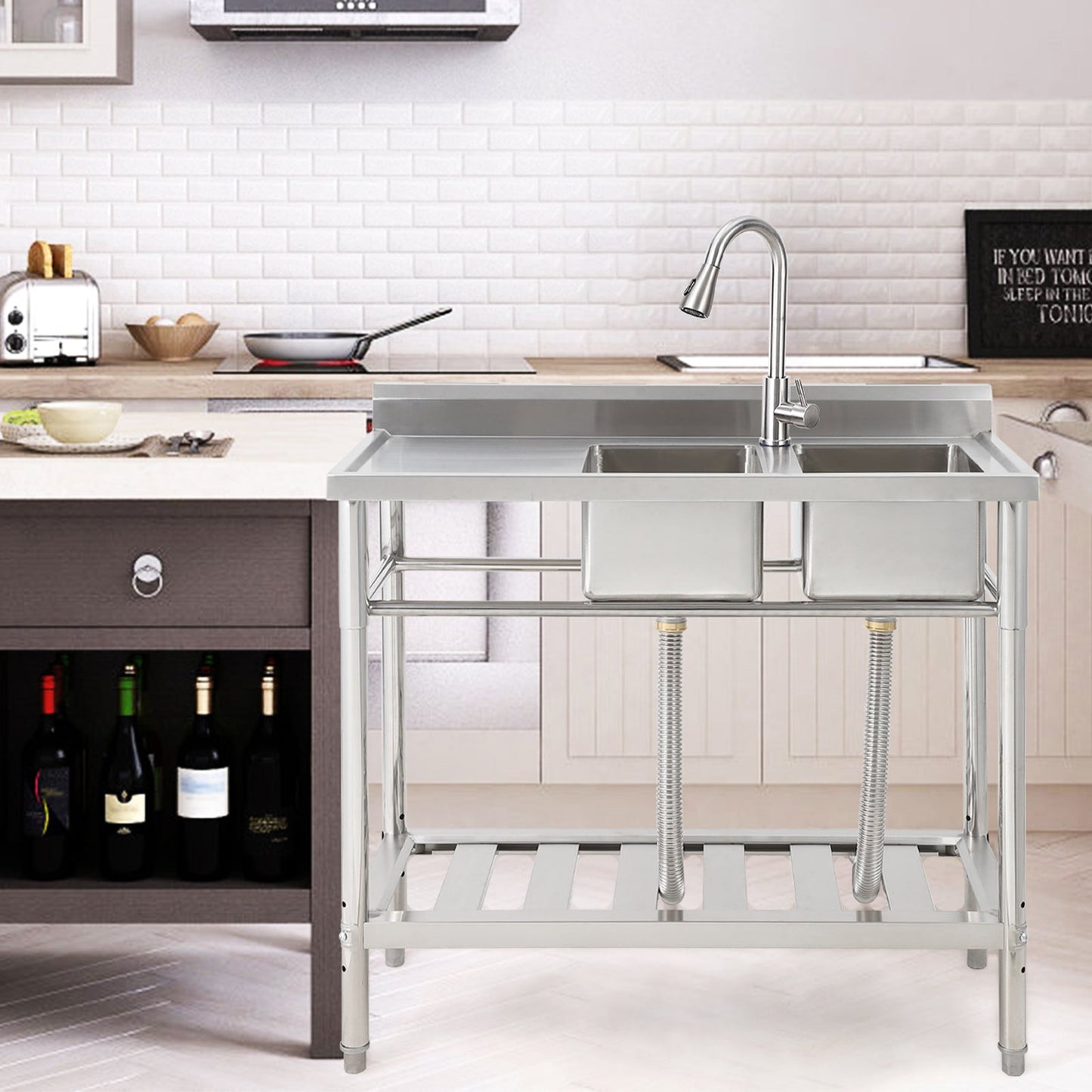 Garvee 39"W x 18"D x 40"H Freestanding 2-Bowl Sink - Stainless Steel Utility Kitchen Sink with Faucet, Drainboard, Workbench, and Storage Shelves for Restaurant, Cafe, Bar, Hotel, Garage, Laundry Room