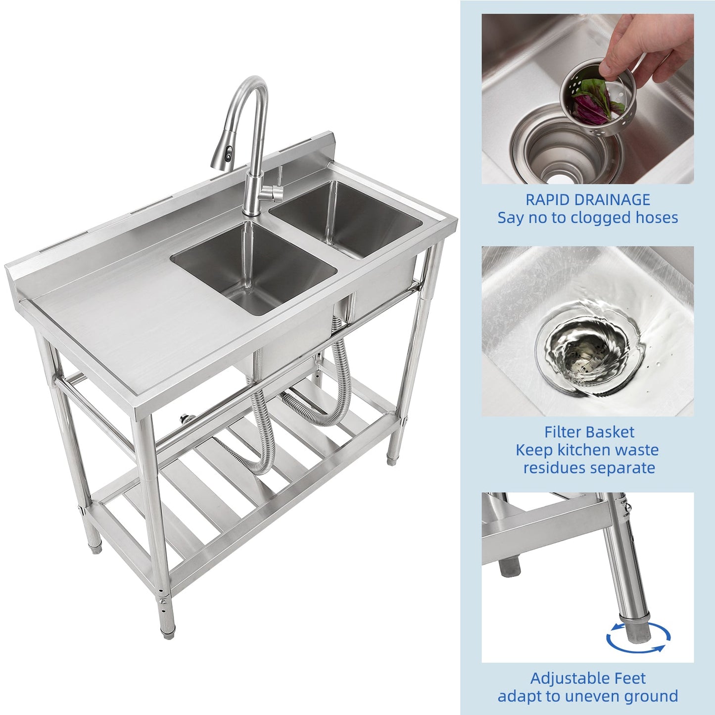 Garvee 39"W x 18"D x 40"H Freestanding 2-Bowl Sink - Stainless Steel Utility Kitchen Sink with Faucet, Drainboard, Workbench, and Storage Shelves for Restaurant, Cafe, Bar, Hotel, Garage, Laundry Room