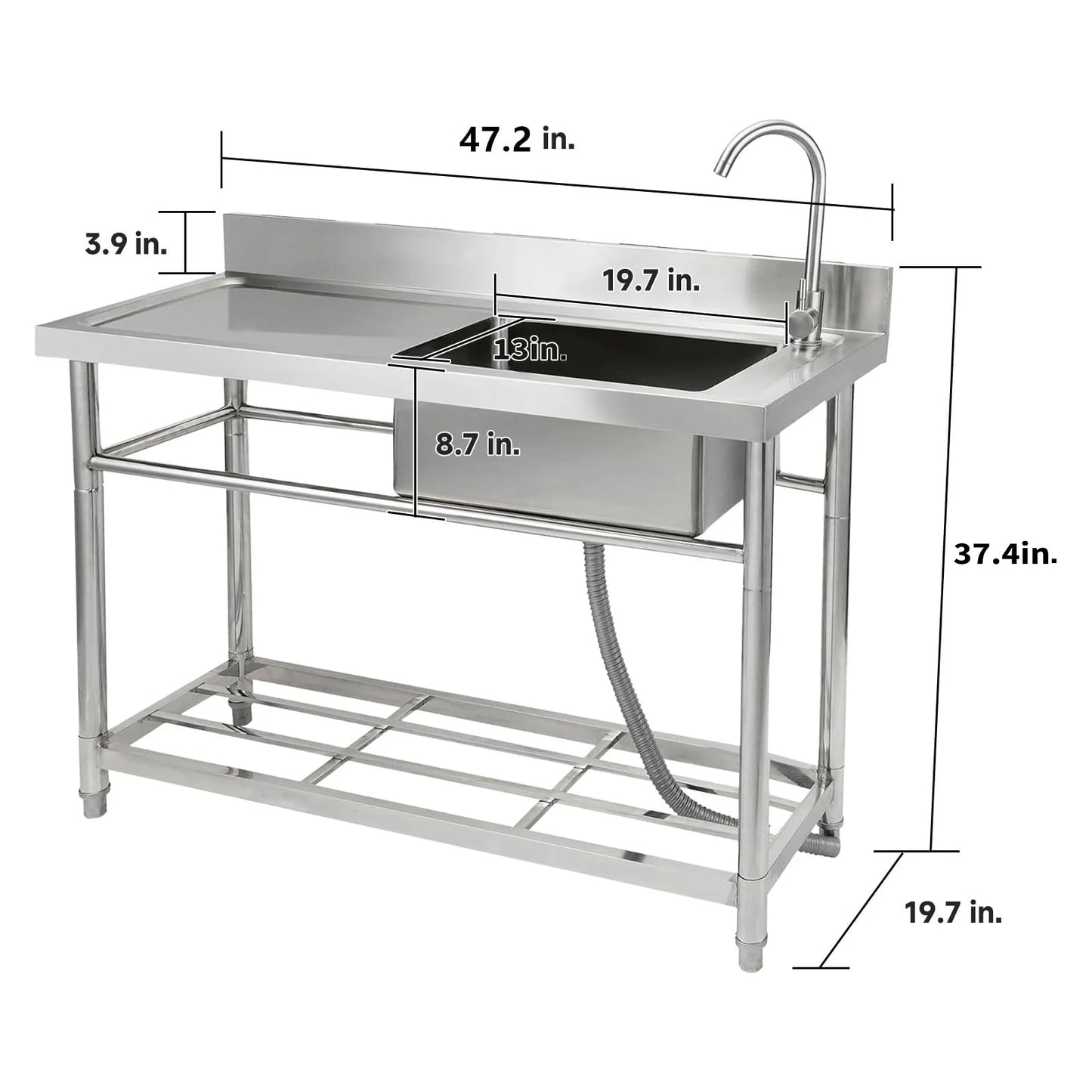 GARVEE 47.2"W x 19.7"D x 37.4"H Freestanding Stainless Steel Utility Sink - Single Bowl Prep Sink with Workbench, Hot & Cold Water Pipes, and Faucet for Restaurants, Laundry Rooms, Garages, Bars, and Workshops