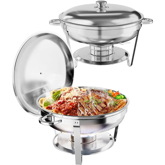 Garvee 5QT Chafing Dish Buffet Set of 2 Pack, Round Stainless Steel Food Warmers Buffet Servers Sets, Chafer with Food & Water Pan, Lid, Frame, Fuel Holder for Catering and Parties