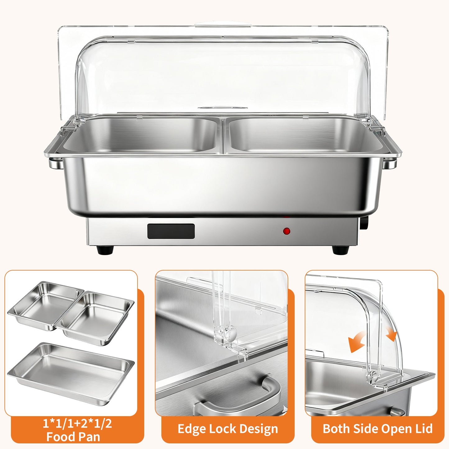 Garvee 9.5QT(1x1/1+ 2x1/2Pan)Electric Chafing Dish with Temperature Control, Stainless Steel Buffet Servers and Warmers, Electric Chafing Dish Set with Temperature Control for Catering