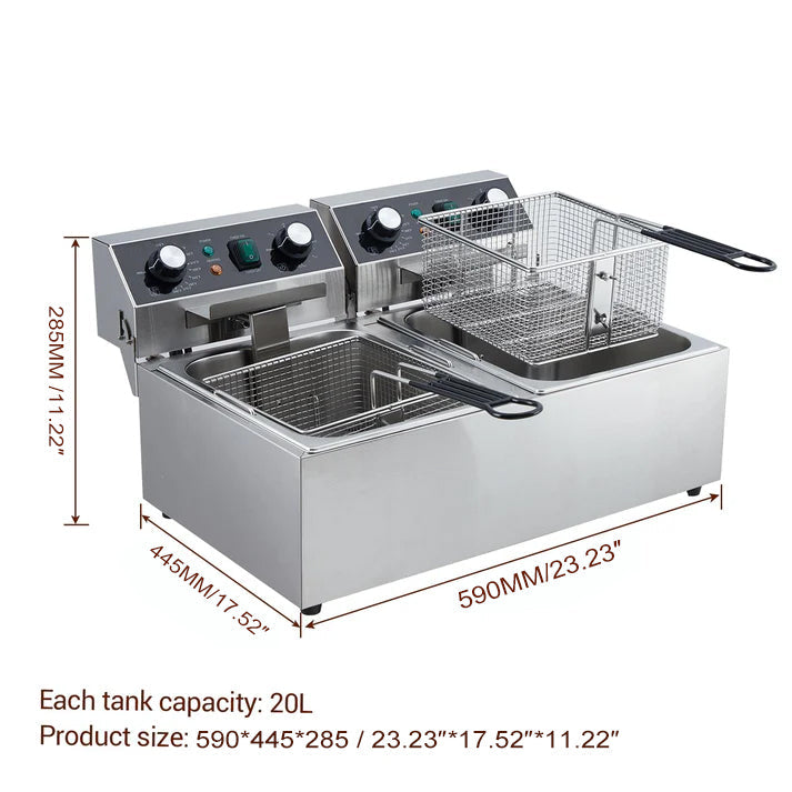 Garvee 3600 Watts Dual 10L+10L Electric Deep Fryer with Basket - Stainless Steel Commercial Fryer with Timer & Temp Control, Easy-Clean (110V)