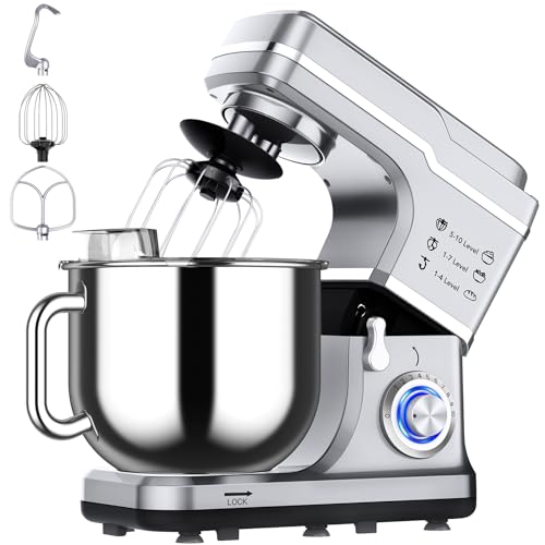 Garvee 7.5 QT Professional Electric Stand Mixer - 660W 10-Speed Kitchen Mixer with Stainless Steel Bowl, LED Light, and Dishwasher-Safe Accessories-Silver