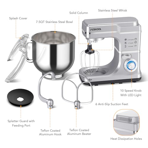 Garvee 7.5 QT Professional Electric Stand Mixer - 660W 10-Speed Kitchen Mixer with Stainless Steel Bowl, LED Light, and Dishwasher-Safe Accessories-Silver