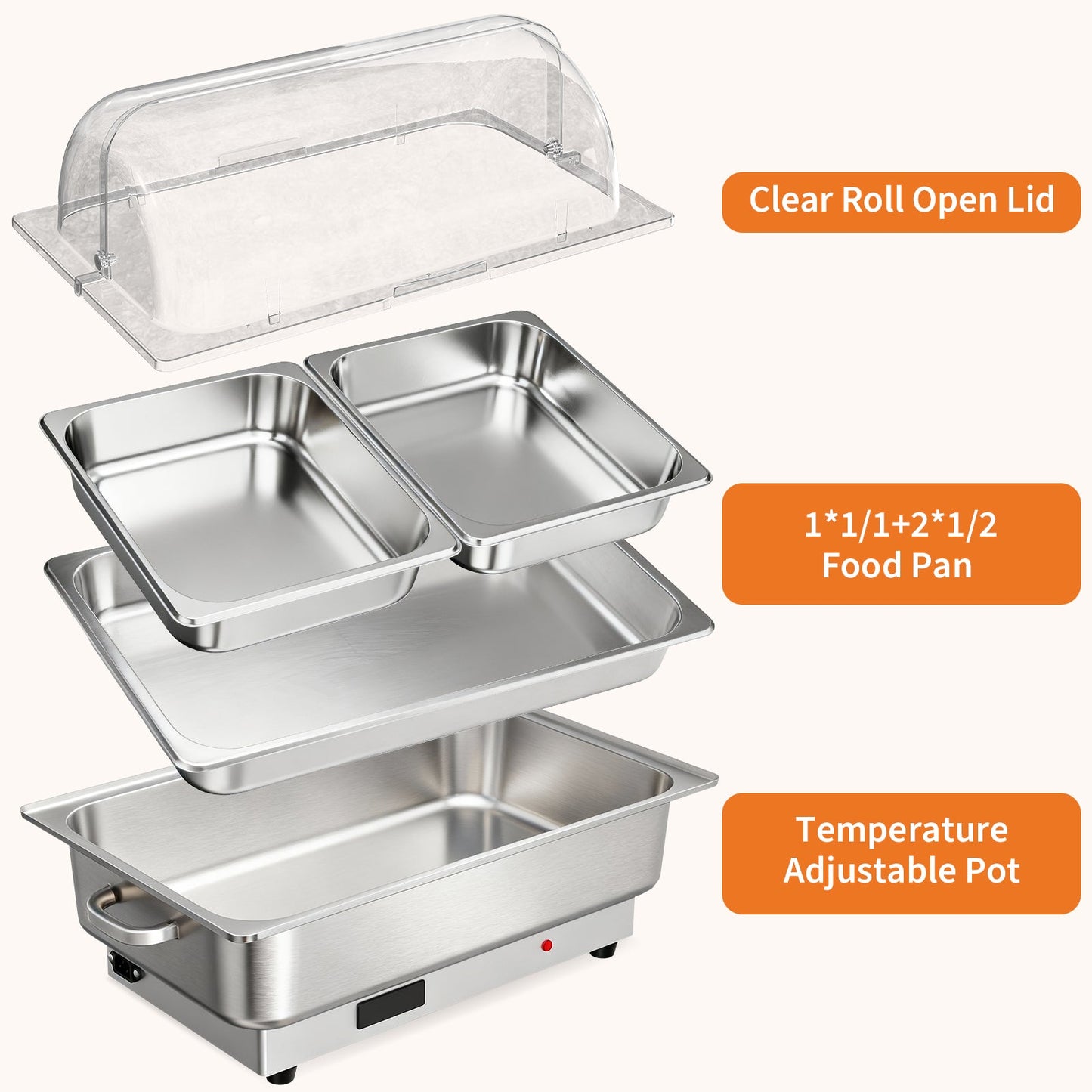 Garvee 9.5QT(1x1/1+ 2x1/2Pan)Electric Chafing Dish with Temperature Control, Stainless Steel Buffet Servers and Warmers, Electric Chafing Dish Set with Temperature Control for Catering