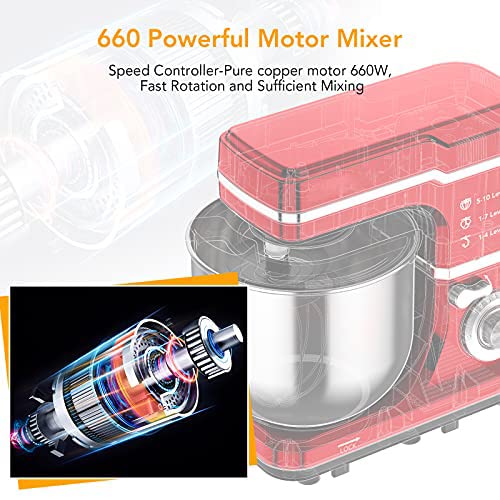 Garvee 7.5 QT Professional Electric Stand Mixer - 660W 10-Speed Kitchen Mixer with Stainless Steel Bowl, LED Light, and Dishwasher-Safe Accessories - Red