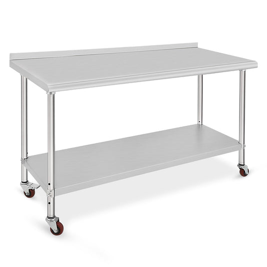 Garvee 60"L x 24"W x 35"H Stainless Steel Work Table with Wheel and Backsplash, Heavy Duty Metal Table Cart Worktable, Commercial Workstation for Restaurant, Home and Hotel