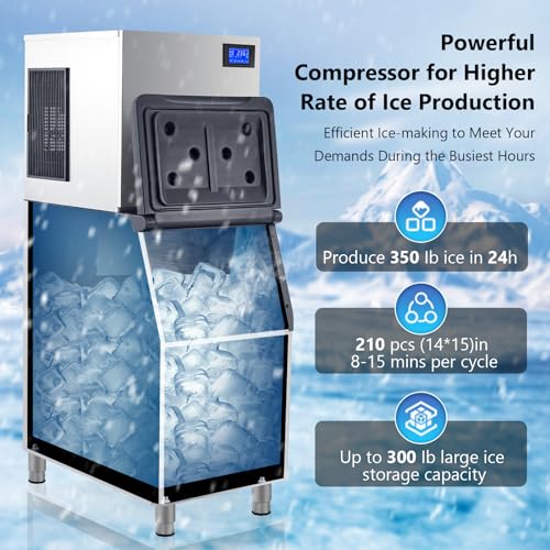 Garvee 350LBS/24H Commercial Ice Maker Stainless Steel Ice Machine 310lbs Storage for Coffee Shop Business Restaurant 14X15 Ice Cube