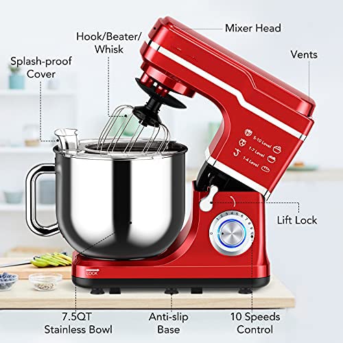 Garvee 7.5 QT Professional Electric Stand Mixer - 660W 10-Speed Kitchen Mixer with Stainless Steel Bowl, LED Light, and Dishwasher-Safe Accessories - Red