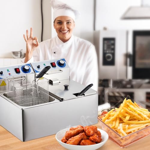 Garvee Commercial 10L+10L - 1500 Watts Dual Tank Electric Deep Fryer Stainless Steel Countertop Oil Fryer with Basket for Restaurant/Home Use (110V)