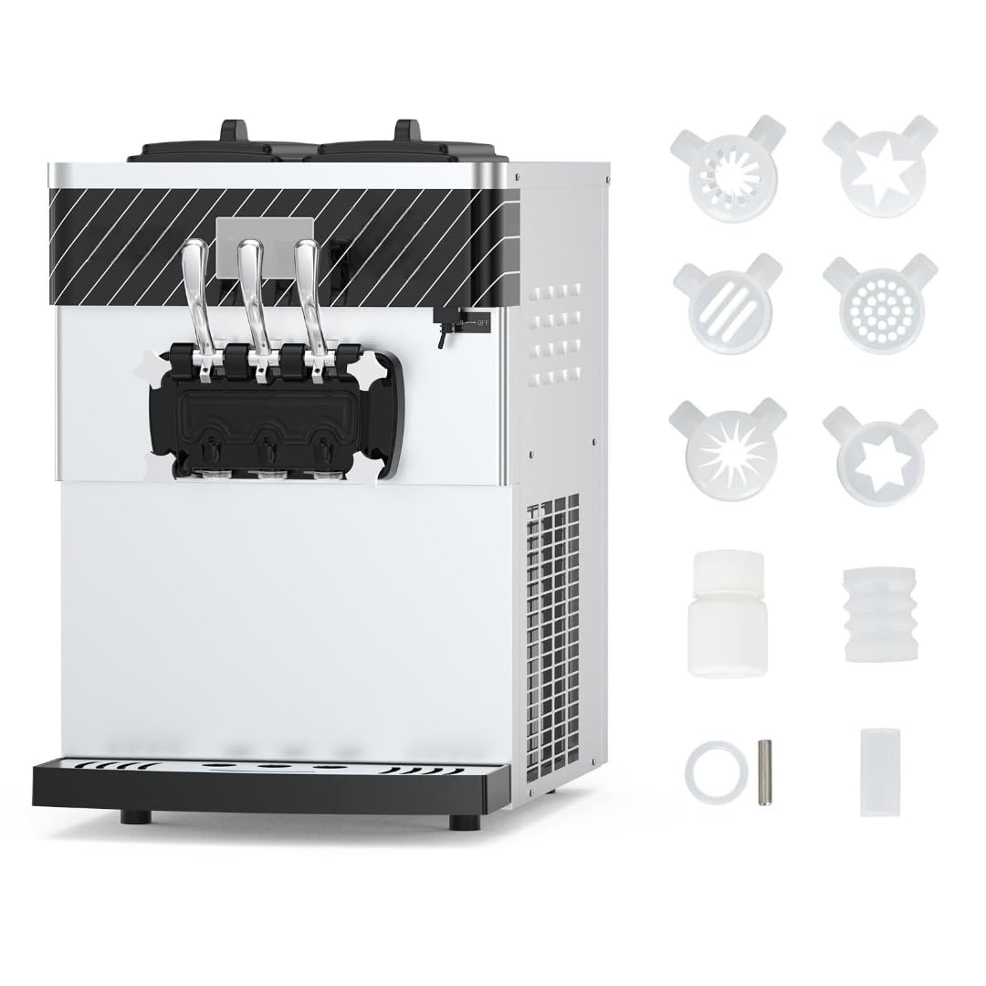 Garvee 2200W Commercial Soft Serve Ice Cream Machine, 8Gal/H High Output, 3-Flavor Mix & Auto-Clean for Cafes (14L Tank, Pre-Chill, 304 Steel)