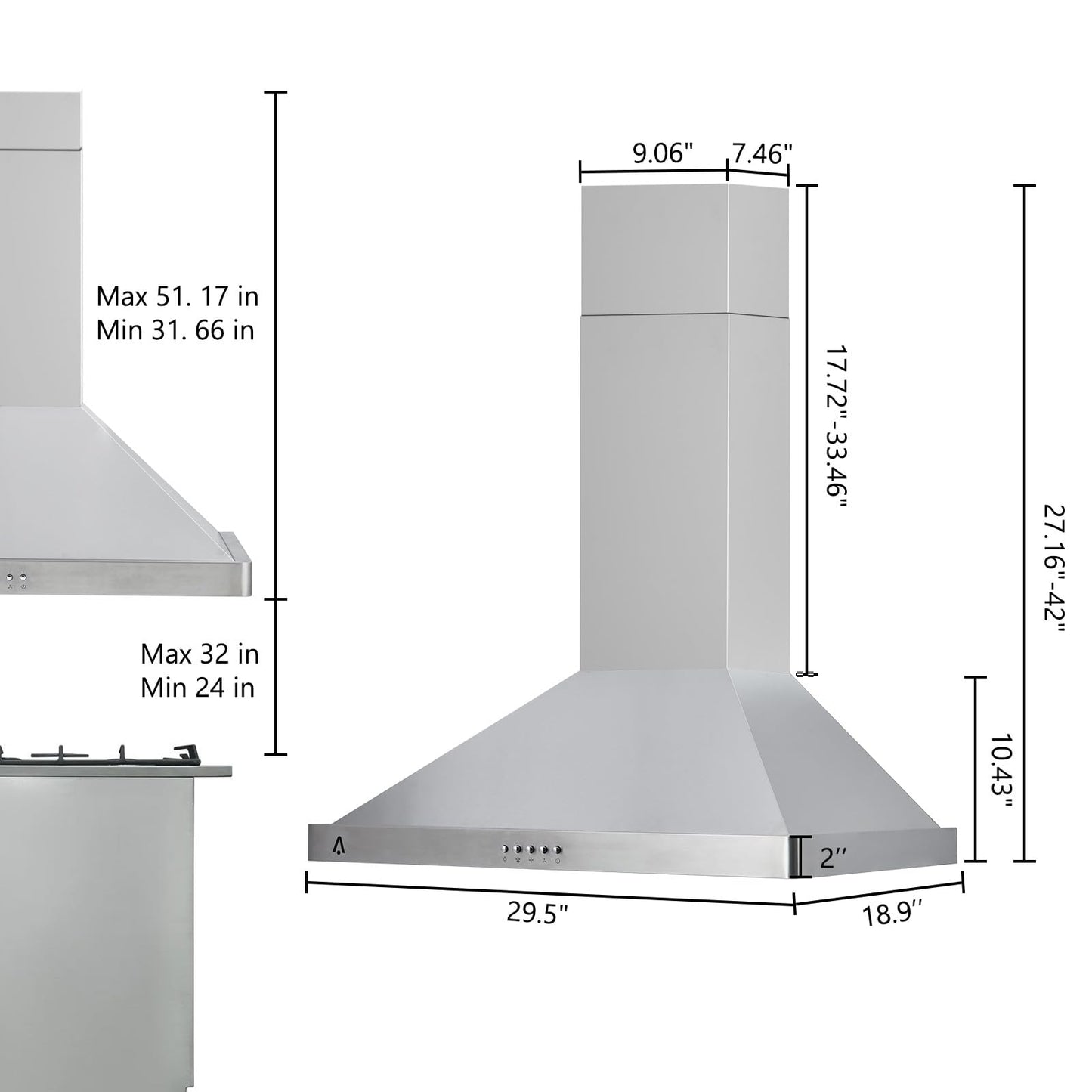 Garvee Range Hood 30 inch, Wall Mount Range Hood in Stainless Steel, Ducted/Ductless Convertible Duct, Kitchen Hood w/Baffle Filters, 3 Speed Fan, LED Light, Push Button Control