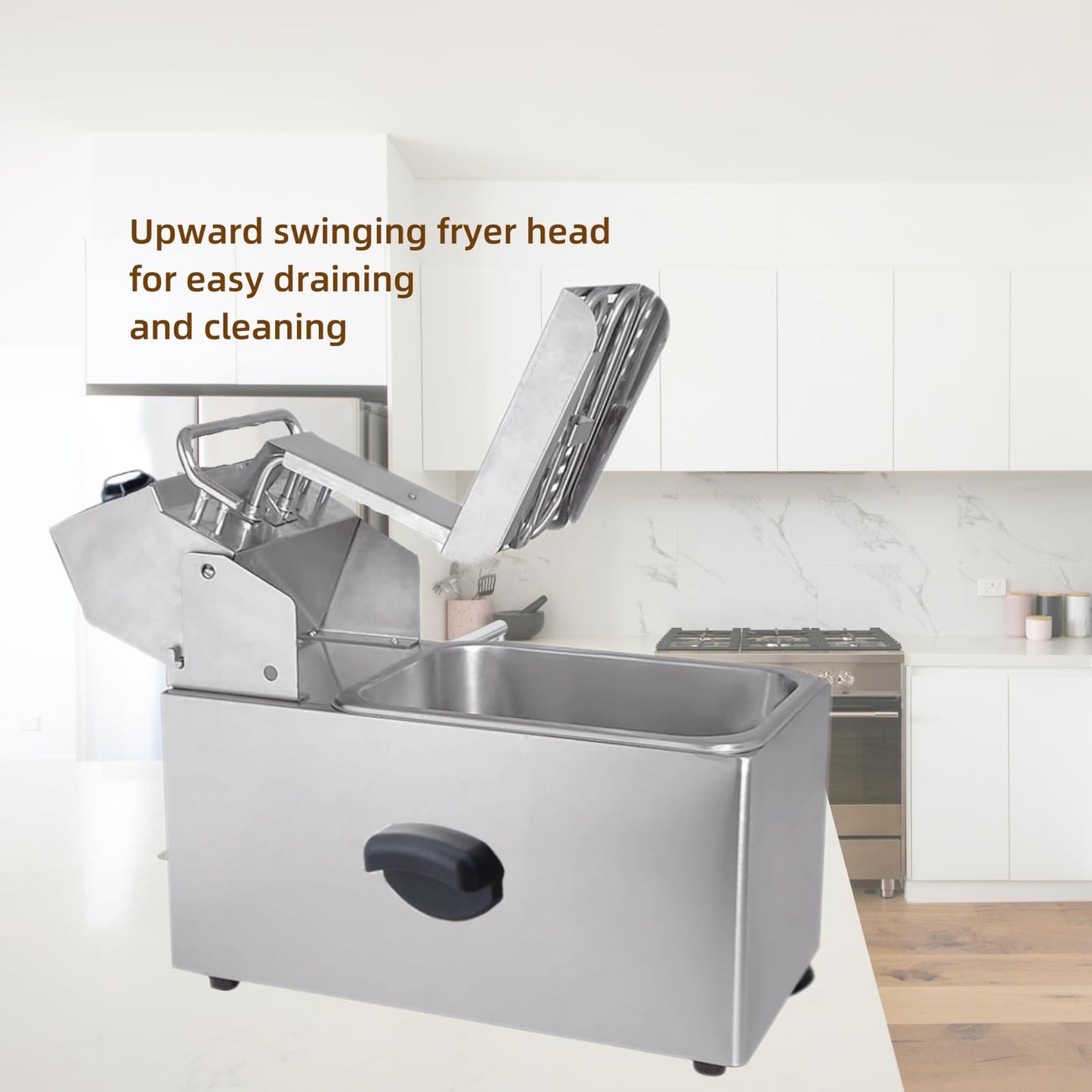 Garvee 10L 1800W Electric Deep Fryer - Single Stainless Steel Tank with Easy-Clean Rotary Head, 60-Min Timer & Adjustable Temp (110V)