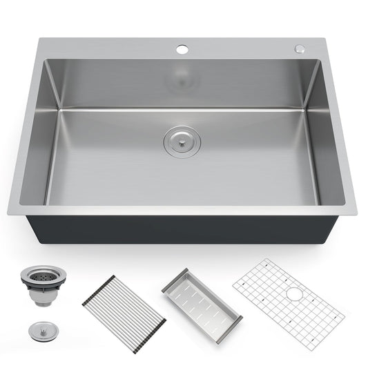 Garvee Kitchen Sink,33 Inch Drop in Kitchen Sink, 33 x 22 Kitchen Sink Drop in 16 Gauge Stainless Steel Kitchen Sink Top Mount Single Bowl Deep Kitchen Sink and Accessories,Workstation Sink