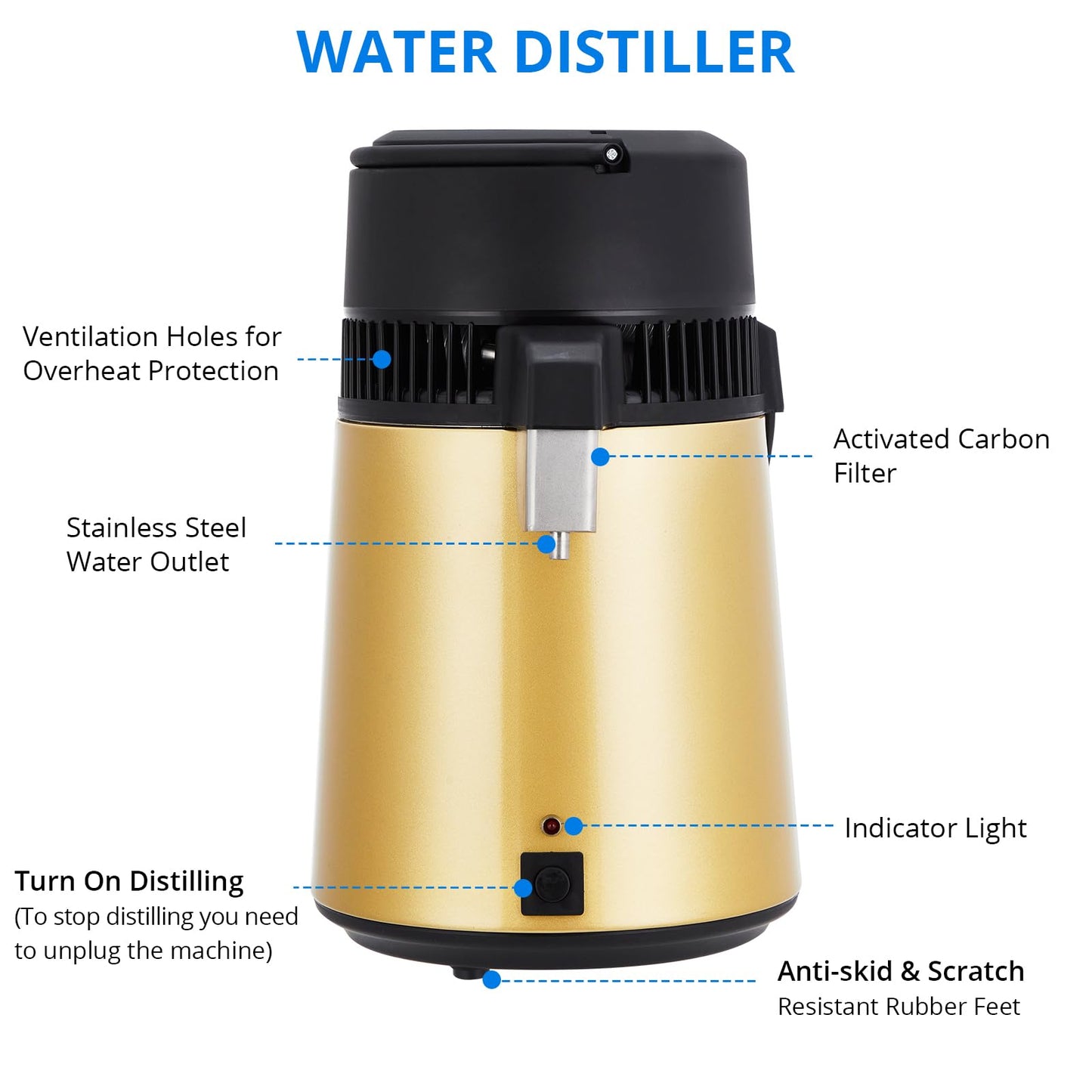Garvee 4L Water Distiller Stainless Steel Distilled Water Purifier Countertop Home Use Golden