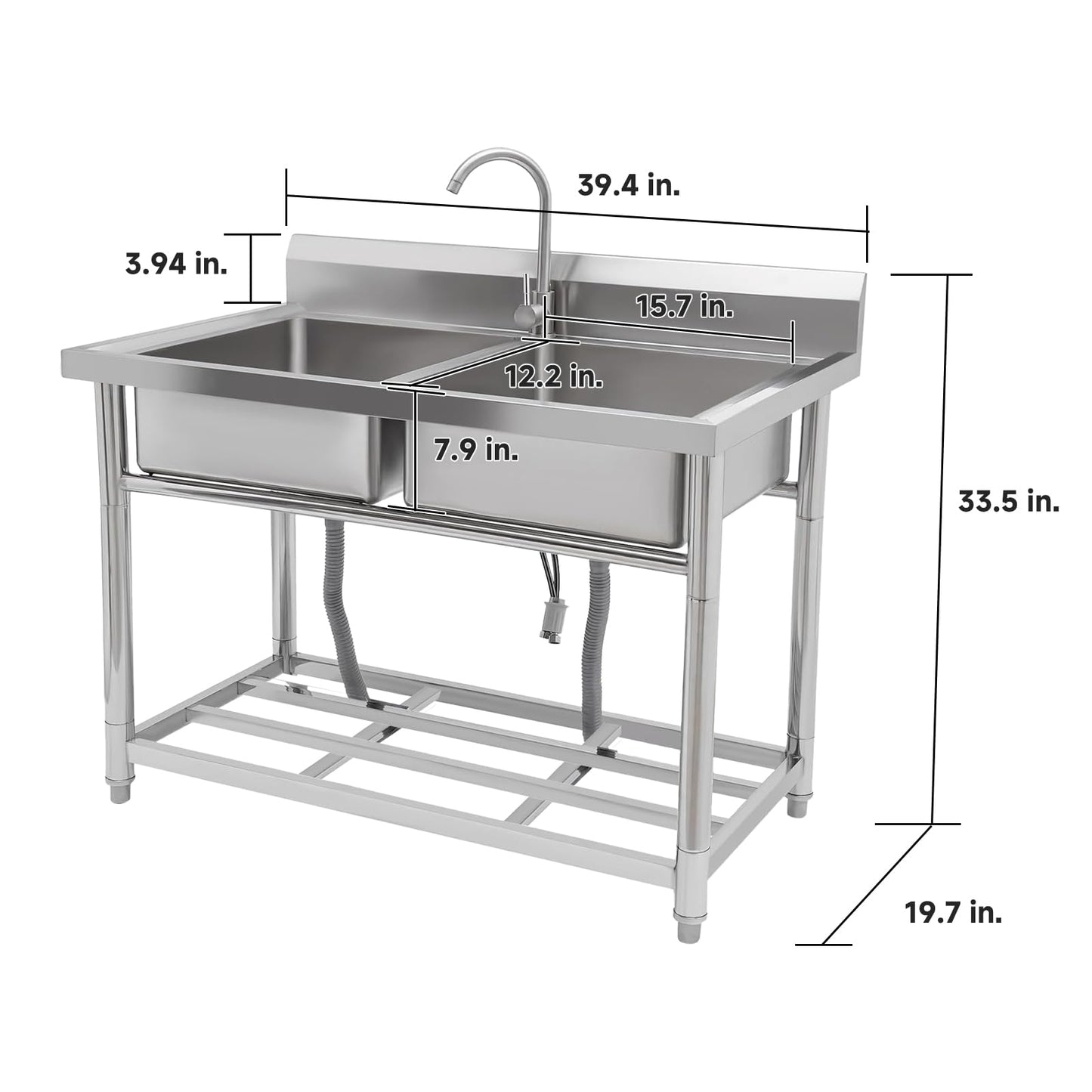 GARVEE 39.4"W x 19.7"D x 33.5"H Stainless Steel Utility Sink - Freestanding Double Bowl Prep Sink with Undershelf, Hot & Cold Water Pipes, and Faucet for Restaurants, Laundry Rooms, Garages, Bars, and Workshops